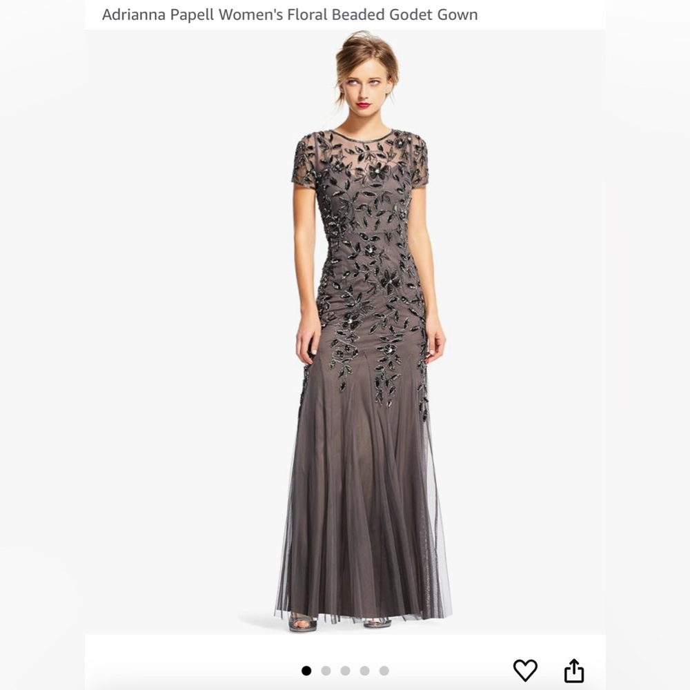 Adrianna Papell Taupe Floral Beaded Godet Gown